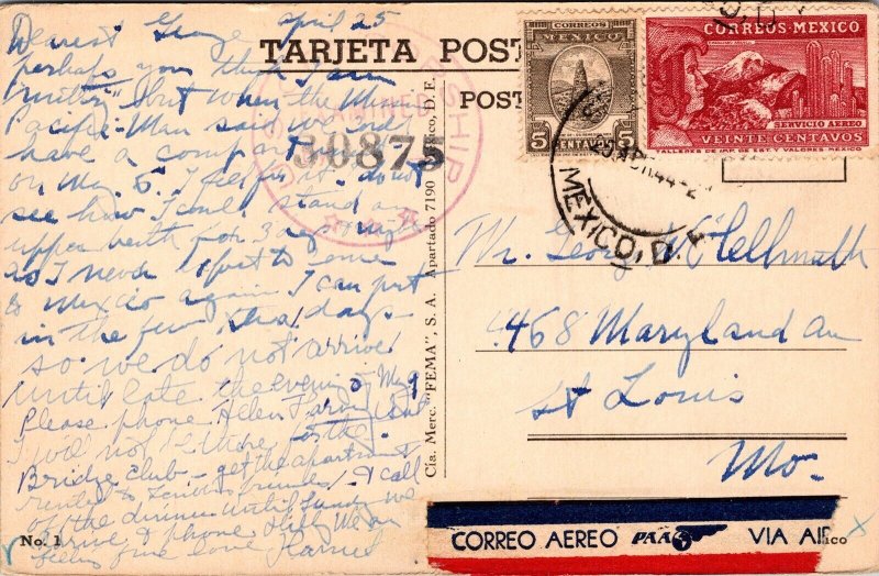 Palace Fine Arts Mexico City Antique Postcard PM Cancel WOB Note Tarjeta Postale 