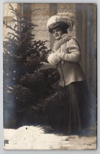 RPPC Pretty Lady Hat Hand Muff and Christmas Tree Greeting Postcard L44