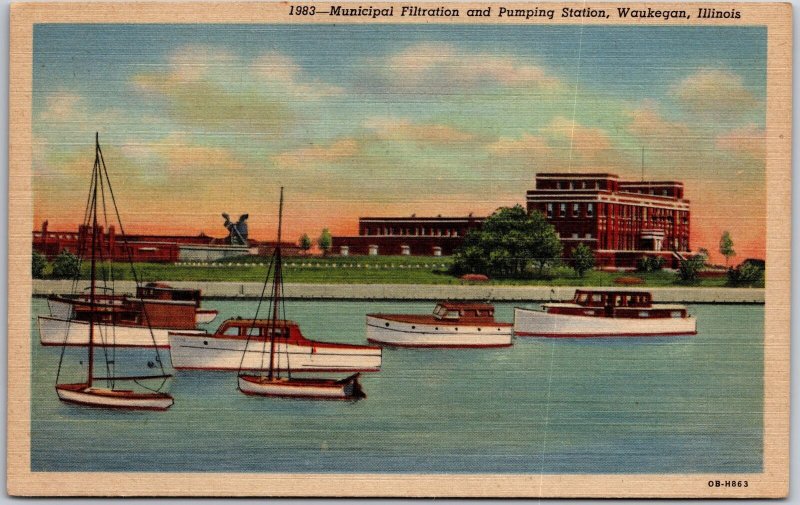 Waukegan Illinois, Municipal Filtration and Pumping Station, Vintage Postcard