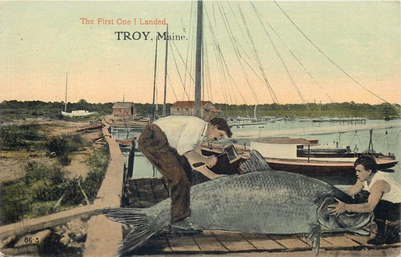 Fishing exaggeration monster freak fishes Troy Maine by J. Herman 1913 postcards 