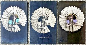 Three Hand Colored Real Photo Studio Postcards Girl Picking Daisy Flower Pedals