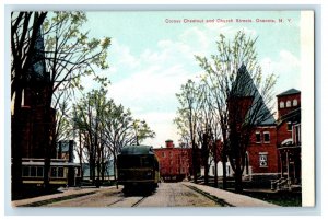 c1910 Trolleys, Corner Chestnut and Church Streets Oneonta New York NY Postcard 