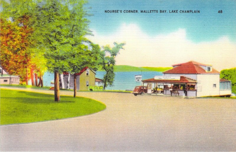 Mallett's Bay VT Lake Champlain Nourse's Corner Hot Dog Stand Linen Roadside NOS