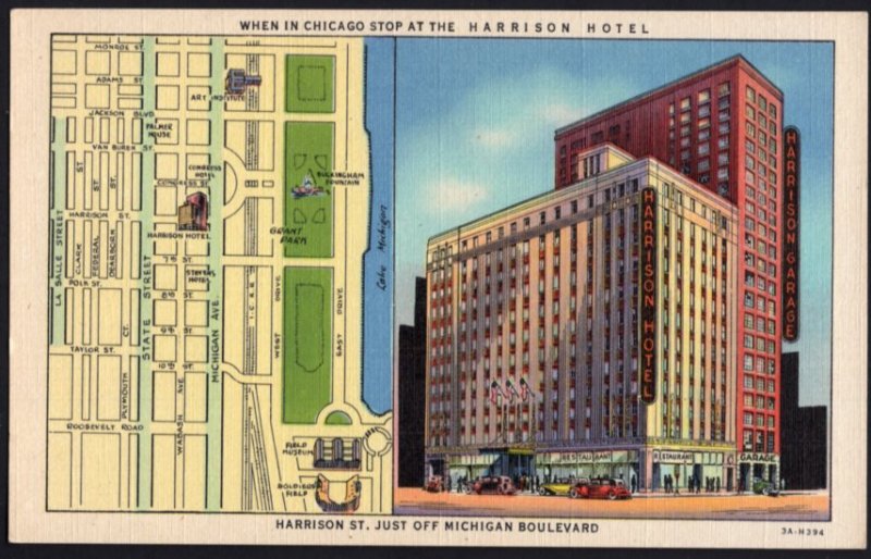 Illinois CHICAGO Harrison Hotel (with Street Map), Harrison Street - LINEN