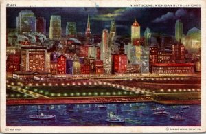 Vtg 1940s Night Scene Michigan Boulevard Chicago Illinois IL Postcard