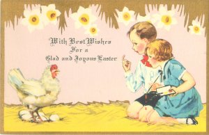 Hen, Eggs, Boy & Girl With Paints Easter Postcard Undivided Back, Gold Trim