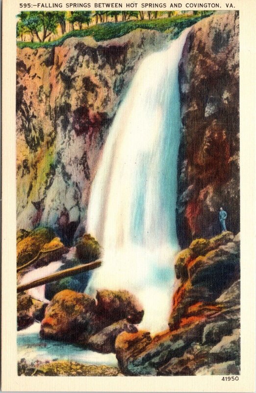 Falling Springs Between Hot Springs Covington VA Virginia Linen Postcard VTG UNP 