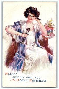 1913 Birthday Pretty Woman Telephone Fred Spurgin Signed Evansville IN Postcard