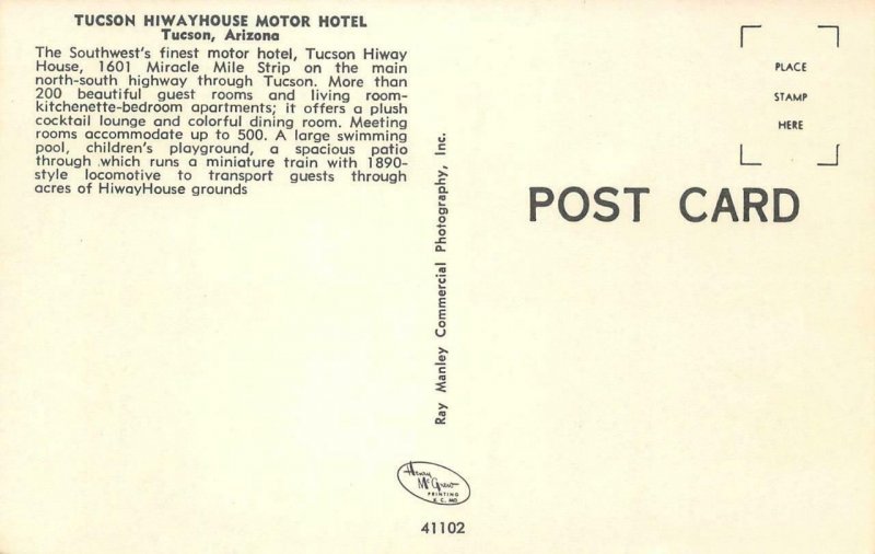 HIWAYHOUSE MOTOR HOTEL Tucson, AZ Swimming Pool Roadside c1960s Vintage Postcard