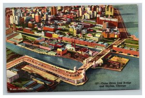 Vintage 1930's Postcard Aerial Outer Drive Link Bridge Chicago Skyline Illinois