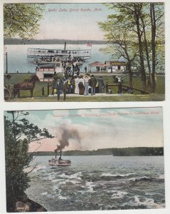 P2966, 2 old postcards steamer ship loading at dock other running rapids