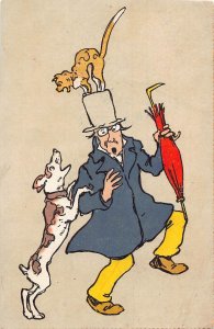 L161 Man with umbrella cat vs dog comic humor postcard