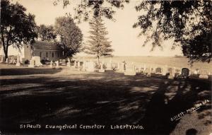 Liberty Wisconsin~St Paul's Evangelical Cemetery~Grave Stones~Church~1932 RPPC