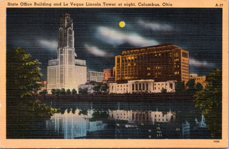 Postcard OH Columbus - State Office Building and Le Veque Lincoln Tower at night