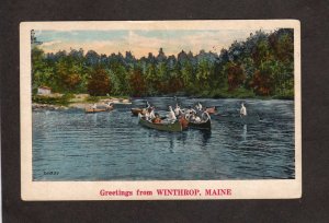 ME Greetings From Winthrop Maine Canoes Vintage Postcard