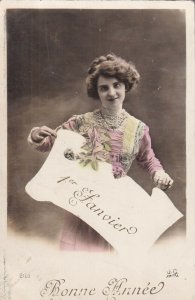 RP: NEW YEAR, 1900-10s; Bonne Annee, Woman holding banner '1er fanvier'