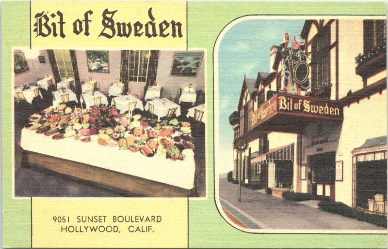 Linen Postcard Multiple Views Bit of Sweden Restaurant in Hollywood California