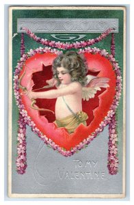 C. 1910 Cupid Hearts Bow Arrow Dresden Valentine Adorable Vintage Postcard P219