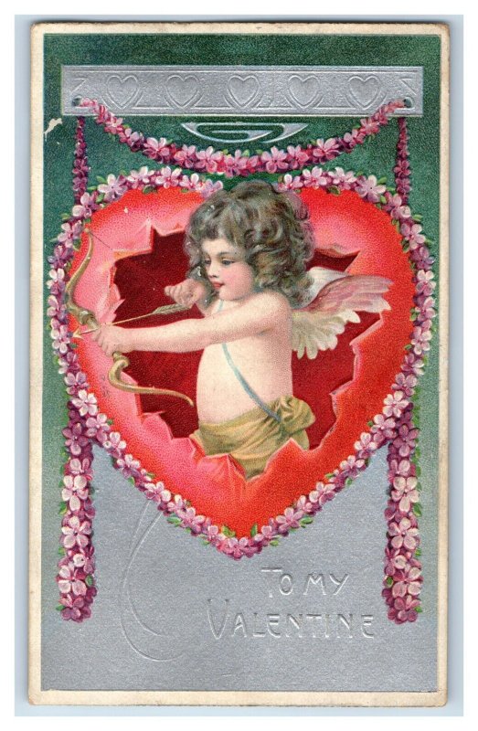 C. 1910 Cupid Hearts Bow Arrow Dresden Valentine Adorable Vintage Postcard P219