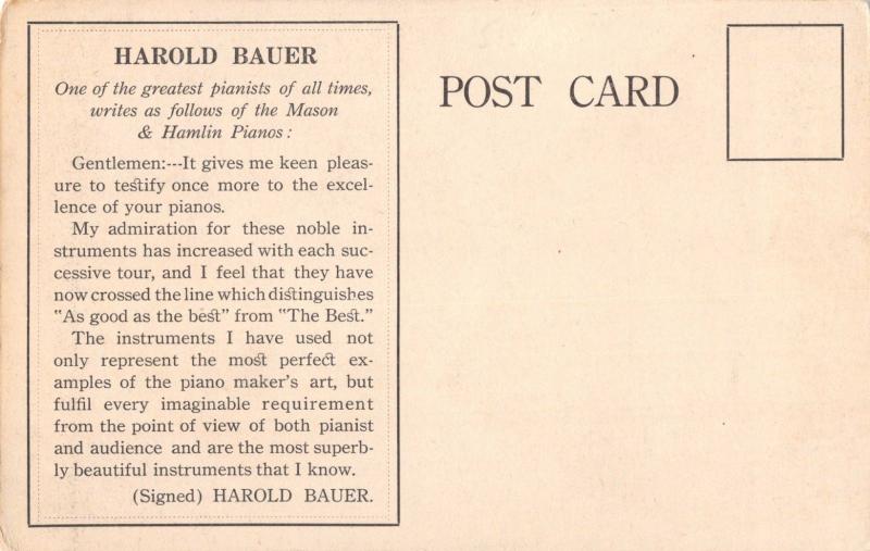 HAROLD BAUER-BRITISH PIANIST~MASON & HAMLIN PIANOS ENDORSEMENT POSTCARD