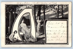 1909 Large Letter A Alphabet Women Playing Lyre Embossed Glendive MT Postcard
