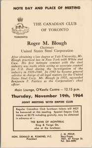 Canadian Club of Toronto ON Advertising Roger Blough US Steel 1964 Postcard G96