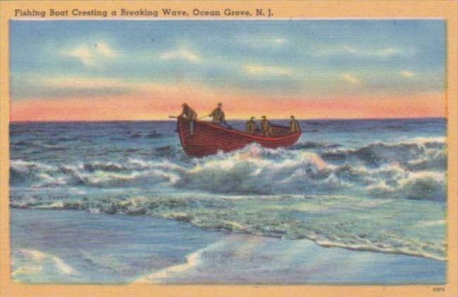 New Jersey Ocean Grove Fishing Boat Cresting A Breaking Wave 1949