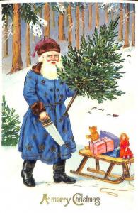 Merry Christmas Blue Robed Santa Claus Sled Toys Tree #1802 Postcard