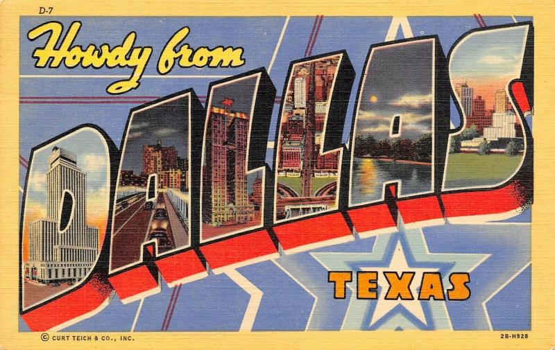 Dallas Texas~Large Letter Linen Postcard~Night Lights Downtown~Art Deco Star~'42 