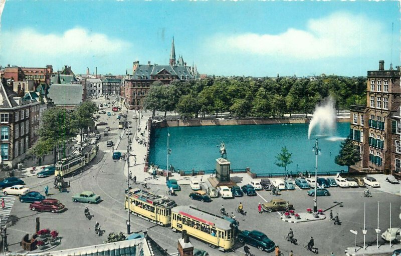 Netherlands Postcard The Hague OuterCourt with pond cityscape yellow tramways