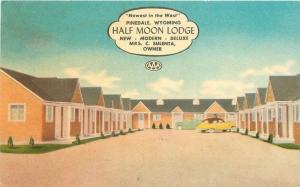 Adprint Autos Half Moon Lodge 1940s Pinedale Wyoming roadside postcard 5596