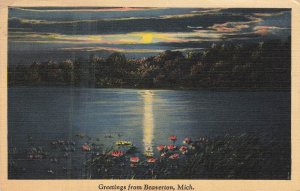 BEAVERTON MICHIGAN~MOONLIGHT VIEW ON THE WATER~1942 POSTCARD