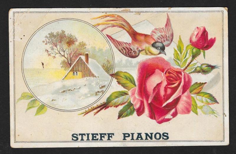 VICTORIAN TRADE CARD Stieff Pianos Roses & Bird