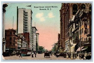 Newark New Jersey NJ Postcard Broad Street Toward Market c1920s Business Section