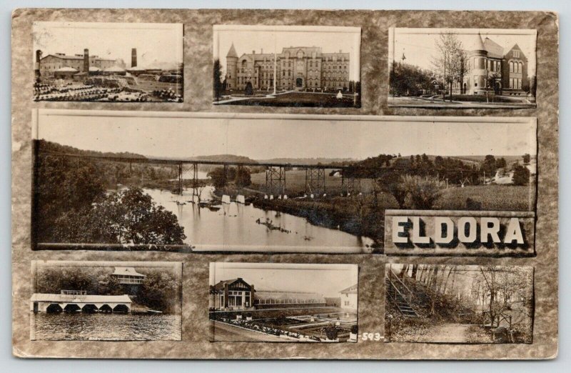 Eldora Iowa~Tile Factory~Bridge Panorama~Boat & Green Houses~Glen~1921 RPPC 