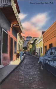 San Juan Puerto Rico PR Street Scene Colorful Linen Vintage Postcard