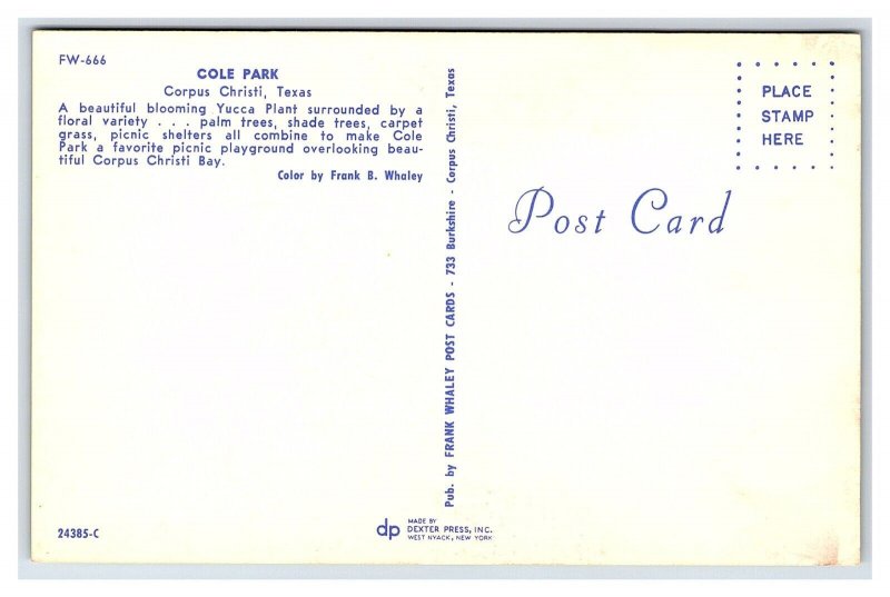 Cole Park Corpus Christi Texas Postcard