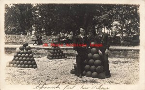 LA, New Orleans, Louisiana, RPPC, Spanish Fort, Navy Sailors with Cannon Balls