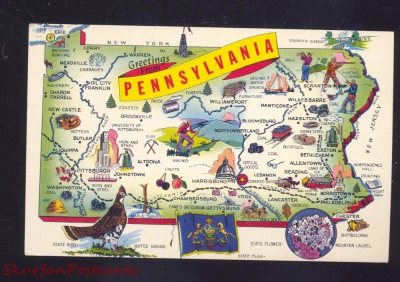 STATE OF PENNSYLVANIA MAP VINTAGE POSTCARD