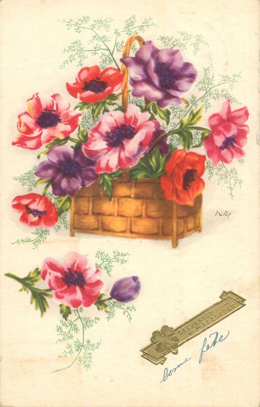 Postcard Greetings flowers bouquet basket