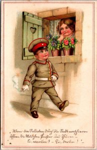 Little Boy And Girl In Love Vintage Postcard C017