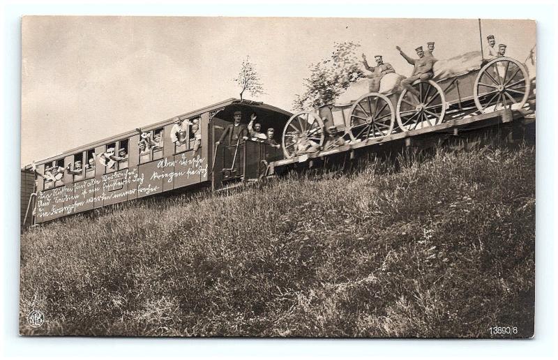 Postcard WWI German Soldiers on Train Funny Sayings About French & Russians G07