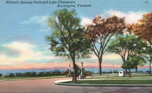 Vintage Postcard Historic Battery Park & Lake Champlain Burlington Vermont VT