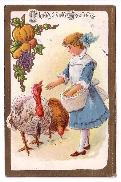 Thanksgiving Young Girl Feeding Turkeys Nicely Embossed, Upper La Have Nova S...