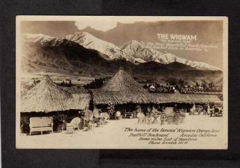 CA Wigwam Orange Juice Furniture Store Arcadia California Real Photo Postcard