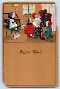P. Ebner Signed Postcard Christmas Grandma And Children Cat Rabbit Holly Berries