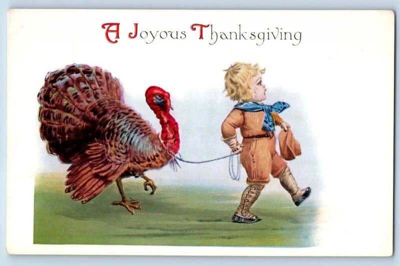 Thanksgiving Postcard Little Boy Cached Turkey c1910's Unposted Antique