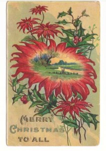 Merry Christmas To All, Poinsettia, Rural Scene, Vintage 1912 Embossed Postcard