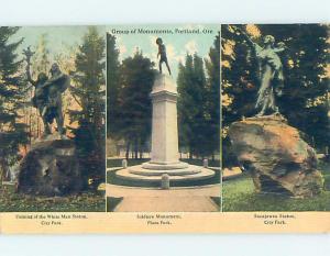 Damaged Back W-Border THREE MONUMENTS ON ONE POSTCARD Portland Oregon OR F2819