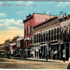 c1910s Sioux Falls, SD Downtown East Phillips Ave Stores Postcard Main St A119